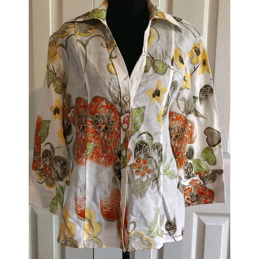 Harve Benard Linen Blend Floral Button Up Top Shirt Metallic Accent Size L
